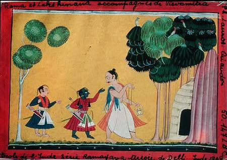 Rama and Lakshmana accompanied by Visvamitra, from the Ramayana od Indian School