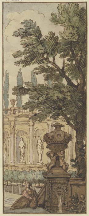 Panneau, im Vordergrund eine Vase, im Hintergrund ein Orangeriegebäude od Isaac de Moucheron