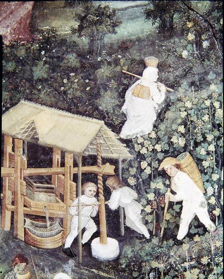 The Month of October, detail of grape-pickers pressing grapes od Scuola pittorica italiana