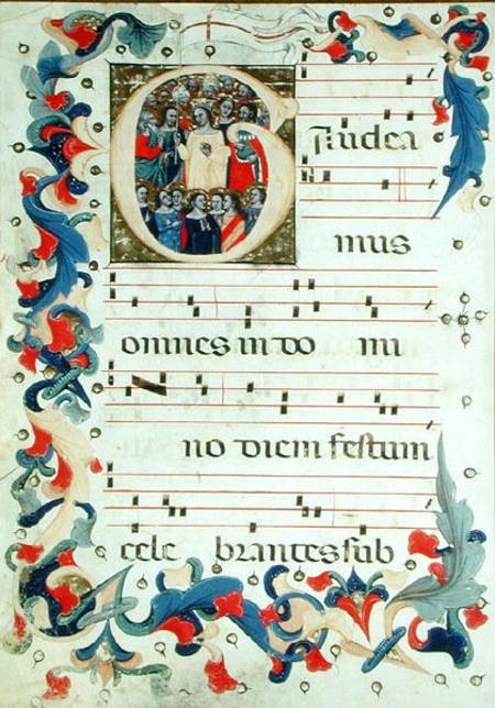 Page of musical notation with a historiated initial 'G' depicting a group of saints with St. Ursula od Scuola pittorica italiana