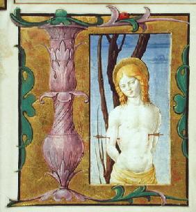 Historiated initial 'L' depicting St. Sebastian (vellum)