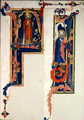 Historiated initial 'F' depicting a bishop saint blessing a young cripple and 'I' depicting a prophe od Italian School, (14th century)