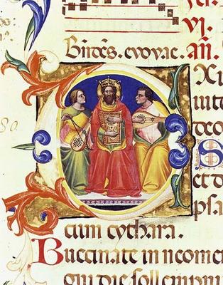 Ms. 559 f.155v Historiated initial 'O' depicting King David and two angels, from the Psalter of Sant od Italian School, (14th century)