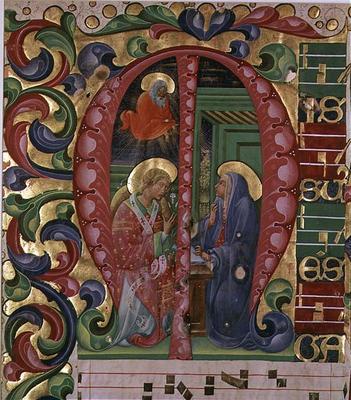 Historiated initial 'M' depicting The Annunciation (vellum) od Italian School, (16th century)