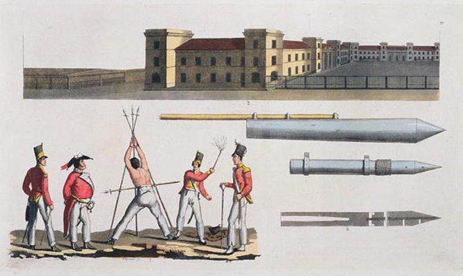 Chatham Barracks, a Military Punishment called the 'Triangle' and Congreve Rockets, plate 17 from 'T od Italian School, (19th century)