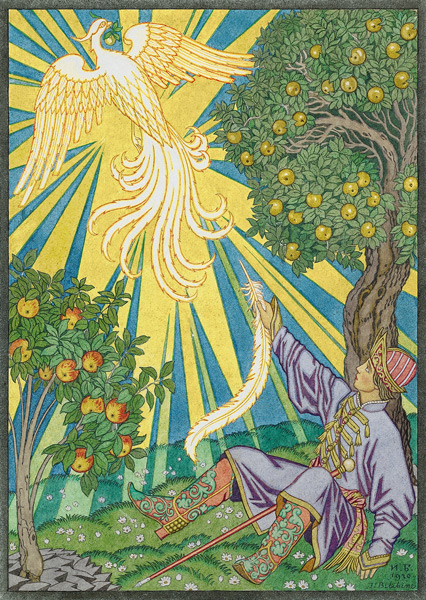Illustration for the Fairy tale of Ivan Tsarevich, the Firebird, and the Gray Wolf od Ivan Jakovlevich Bilibin