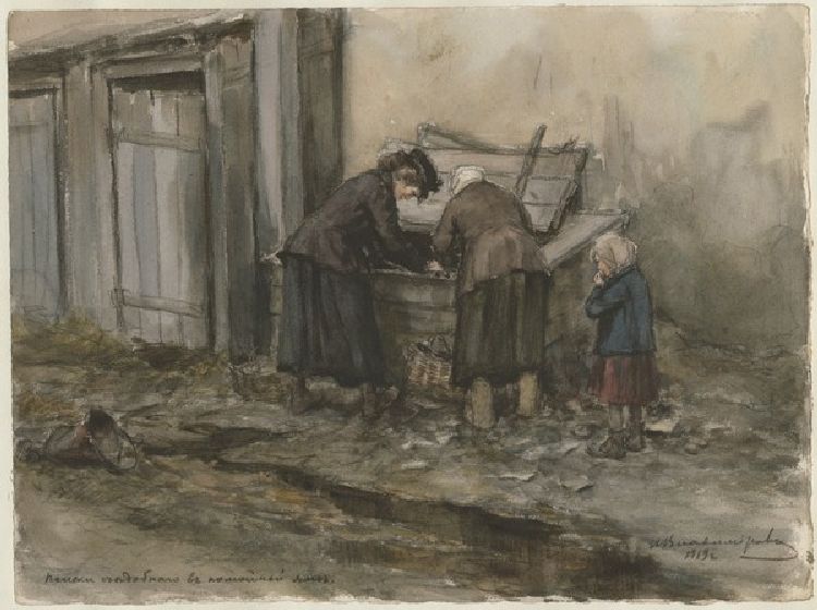 Zwei Frauen und Kind, die in den Mülltonnen nach Essbarem suchen (Aus der Aquarellserie Russische Re od Iwan Alexejewitsch Wladimirow