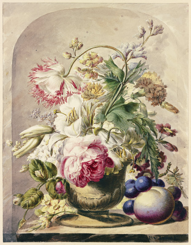 Bouquet in einer Vase, vorne rechts ein Pfirsich und einige Trauben od J. H. van Loon