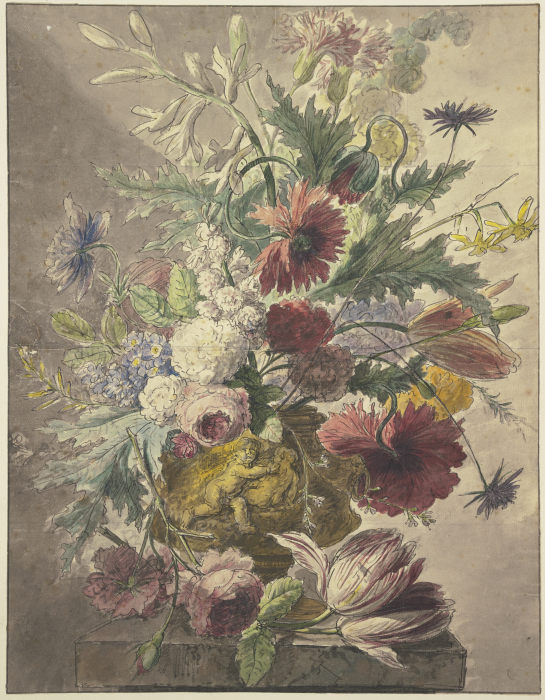 Blumenstrauß in einer Vase mit Basrelief, vorne liegt eine Rose und eine Tulpe od J. H. van Loon