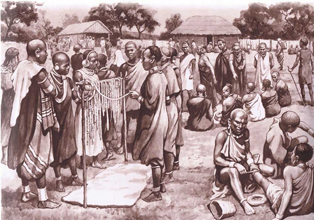 Market scene in Kikuyu, from MacMillan school posters, c.1950-60s od J. Macfarlane