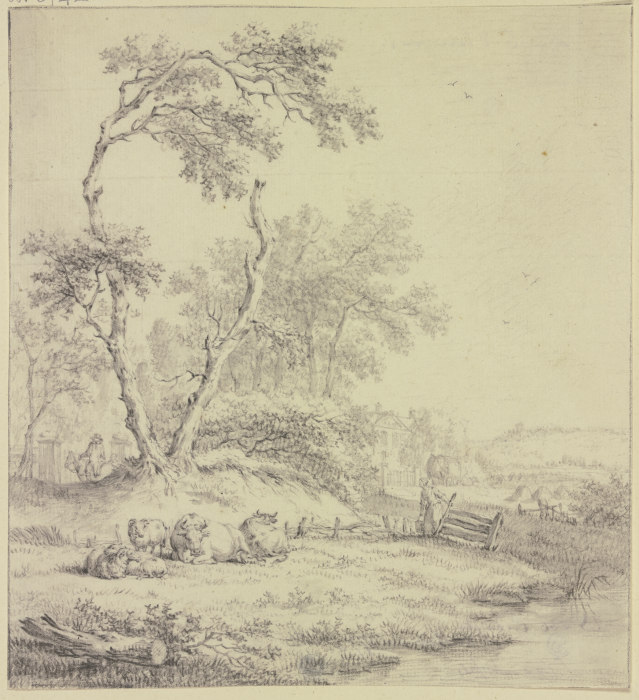 Bei einer Baumgruppe an einem Zaun liegendes Vieh, rechts eine Frau mit einem Eimer od Jacob Cats