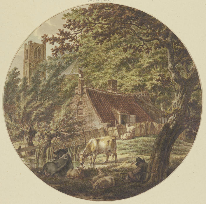 Hütte im Walde mit einigem Vieh, links ein Kirchturm od Jacob Cats