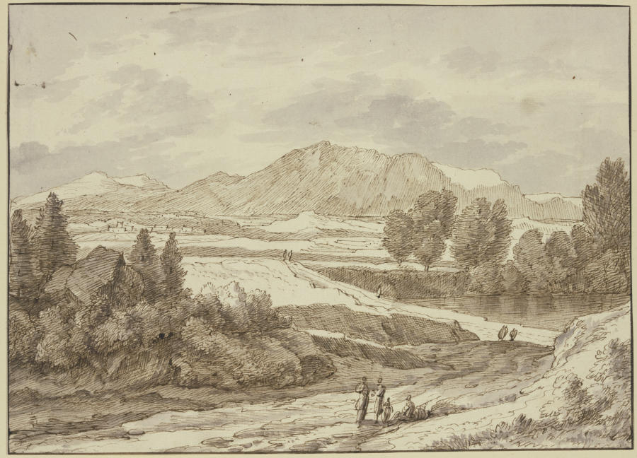 Ebene vor dem Gebirge, rechts ein See, auf dem Weg verschiedene Figuren od Jacob Esselens