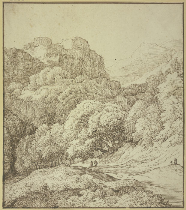 Links auf hohen Felsen ein Schloß, unten ein Weg unter Baumgruppen weggehend mit zwei Figuren od Jacob Isaacsz. van Swanenburg