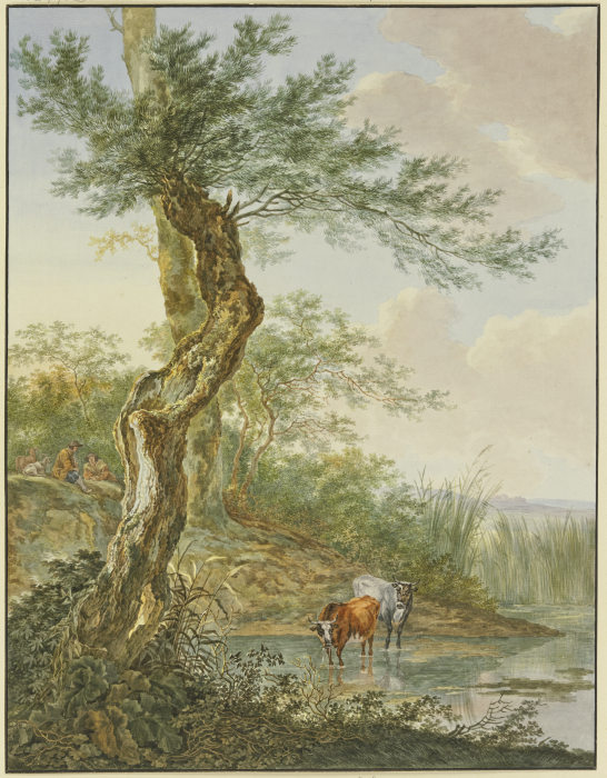 Landschaft mit Wasser, daran ein alter Weidenbaum, im Wasser zwei Kühe od Jacob Perkois