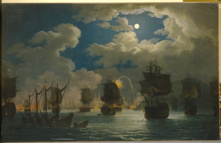 The naval Battle of Chesma on the night 26 July 1770 od Jacob Philipp Hackert