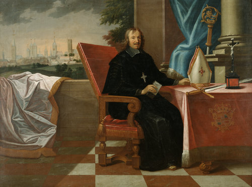 Sitzbildnis des Fürstbischofs Christoph Bernhard von Galen mit Herrschaftsattributen, im Hintergrund od Jacob Quinchard