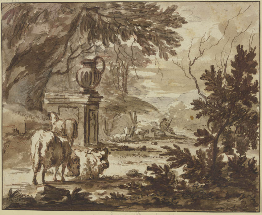 Bei einem Monument mit einer großen Vase ein Hirte mit Schafen od Jacob van der Does d. Ä.