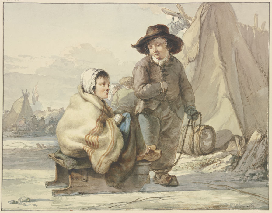 Mädchen auf einem Schlitten, daneben ein Junge, in einem Lager od Jacob van Strij