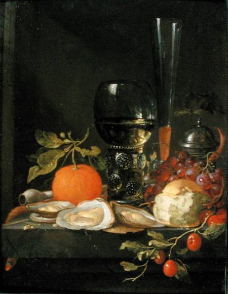 Still Life of Oysters, Grapes, Bread and Glasses on a Ledge od Jacob van Walscapelle