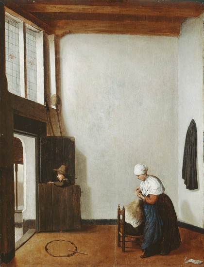 Interior with a woman combing a little girl's hair od Jacobus Vrel or Frel