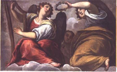 Musical Angels with a Cymbal and a Harp od Jacopo Palma il Giovane