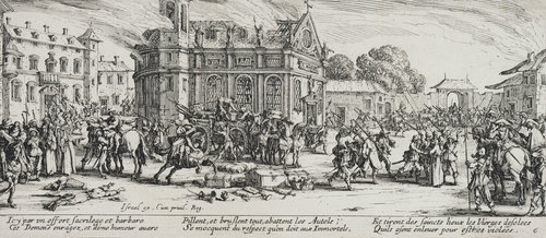 Les Miseres et les Mal-Heurs de la Guerre (Blatt 6): Die Zerstörung eines Klosters od Jacques Callot