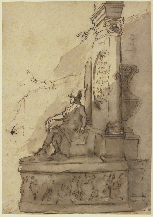 Bildwerk eines auf dem Sockel eines Monuments sitzenden Kriegers od Jacques van Schuppen