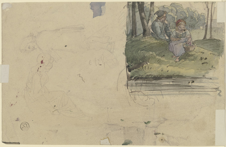 Studienblatt: Figuren und ein Mädchen mit einem Jungen im Wald sitzend od Jakob Furchtegott Dielmann