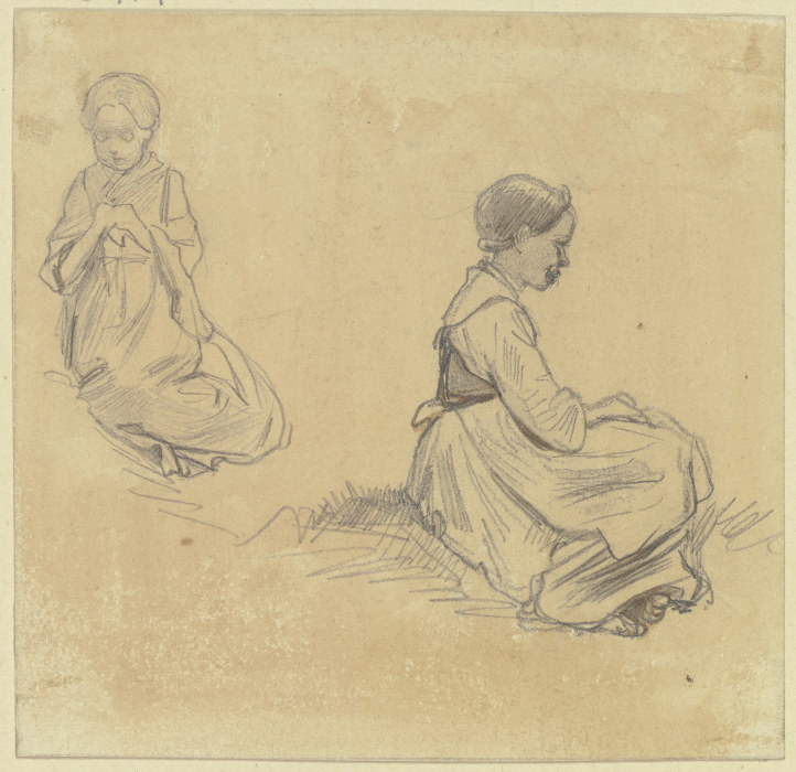 Studienblatt: Sitzendes strickendes Mädchen, rechts ein anderes, die Hände in den Schoß gelegt, im P od Jakob Furchtegott Dielmann