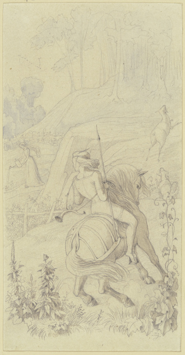 Jagender Jüngling zu Pferd, eine Blumen gießende junge Frau erblickend od Jakob Jung