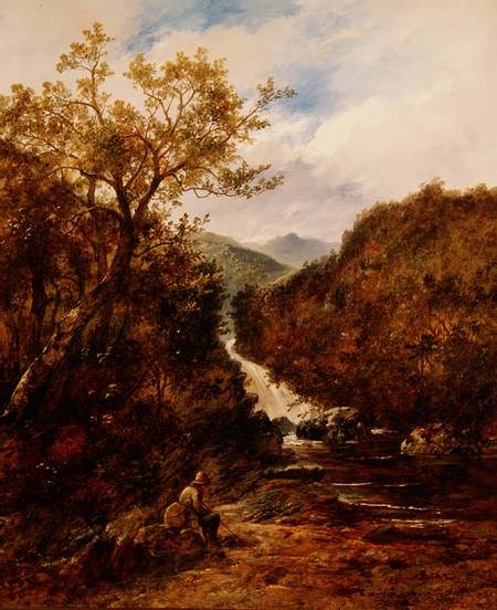 Angler by a Wooded Waterfall od James Charles Ward
