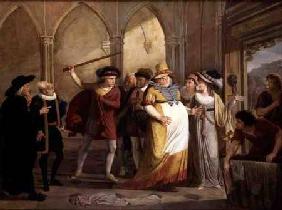 Falstaff in disguise led out by Mrs Page, Act 4 Scene 2, in The Merry Wives of Windsor