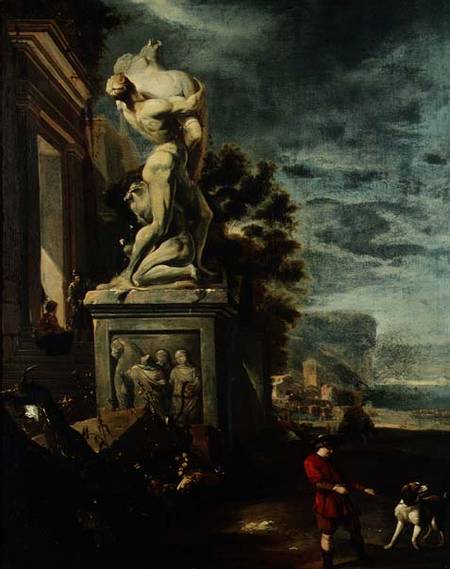 Sea port with figures by a classical statue od Jan Baptist Weenix