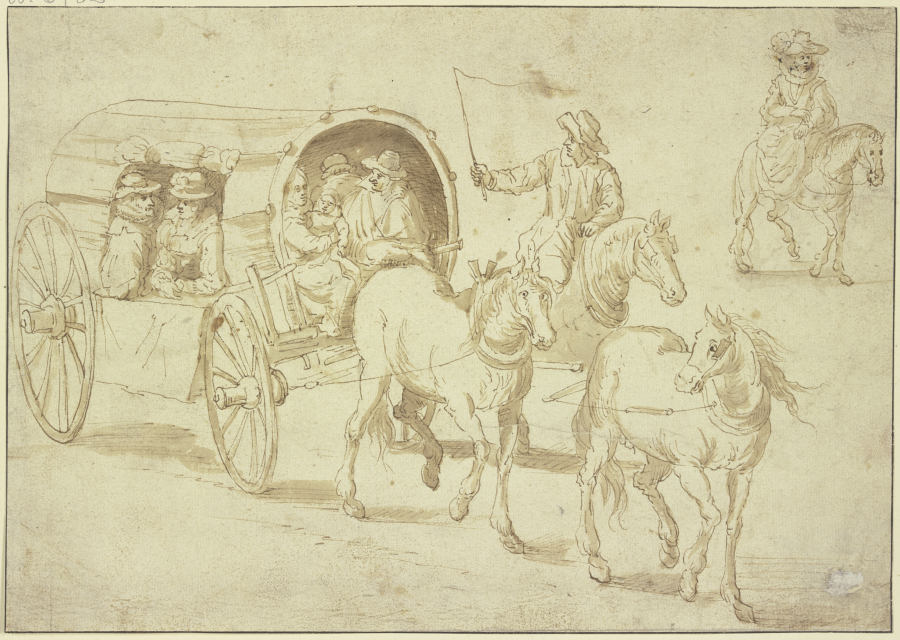 Geschlossener Planwagen mit Passagieren und eine Reiterin od Jan Brueghel d. Ä.
