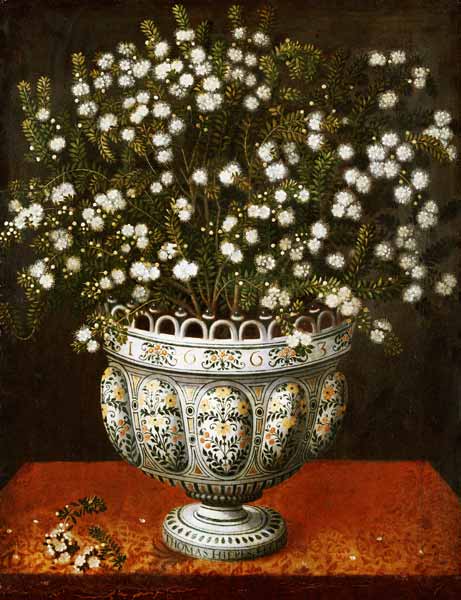 Myrtle In A Lobed-Footed Polychrome Maiolica Manises Vase On A Draped Ledge od Jan Brueghel d. Ä.