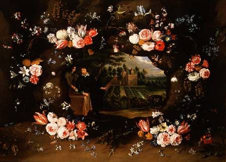 Garland of Flowers Encircling a Medallion Representing Nicolas de Man in front of his Property at An od Jan Brueghel d. J.