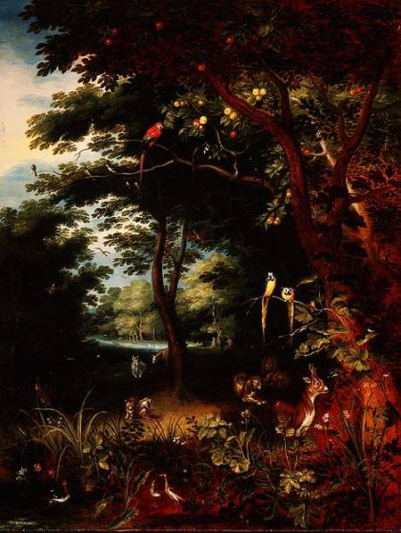 Paradise scene with Adam and Eve (panel) od Jan Brueghel d. J.