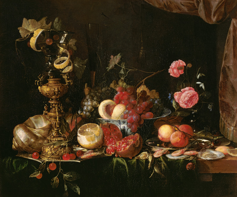 Stillleben mit verschiedenem Obst, Goldpokal und Nautilus-Muschel. od Jan Davidsz de Heem