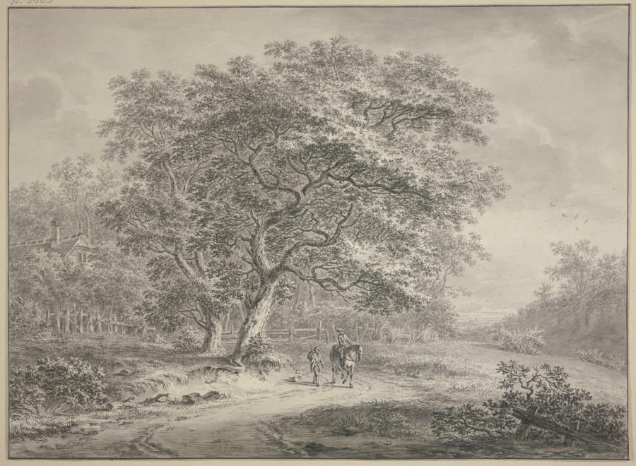 Waldesrand mit einem Zaun eingefasst, unter zwei großen Bäumen ein Reiter und ein Fußgänger od Jan Evert Grave