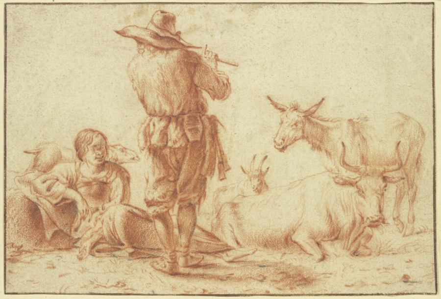 Ein Hirte in Rückenansicht bläst die Flöte, eine Hirtin sitzt dabei mit einigem Vieh od Jan Frans Soolmaker