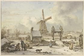 Winterlandschaft mit Schiffhebewerk und Windmühle