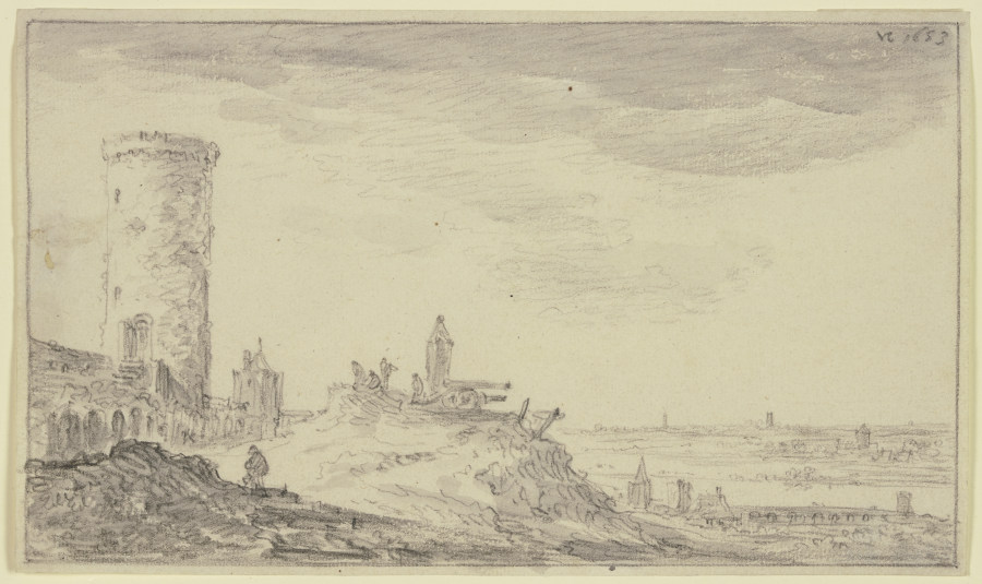 Befestigung, bei einem Kundeturm zwei Kanonen und ein Schilderhaus od Jan van Goyen