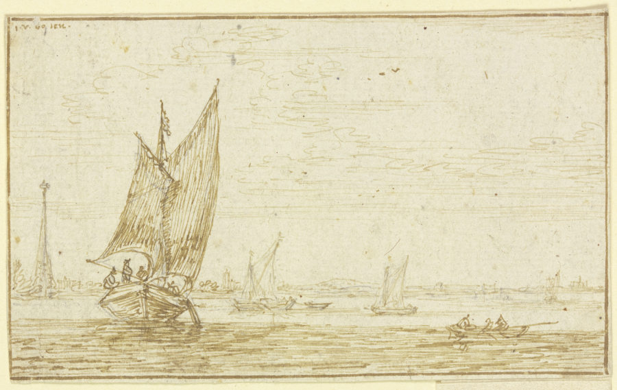 Marine, links segelt ein Boot, rechts ein Ruderboot od Jan van Goyen