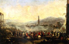 French and Spanish troops in front of an upper Italian town.