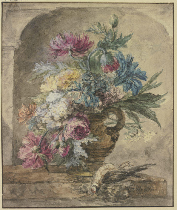 Blumenbouquet, dabei ein toter Vogel od Jan van Huysum