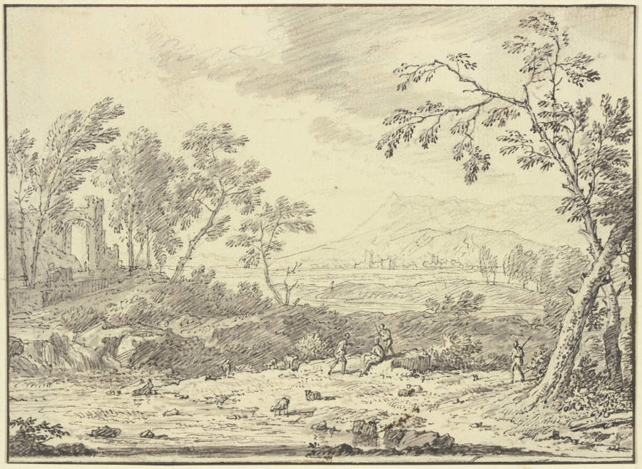 Landschaft mit Ruinen, vorne ein Hirte bei Schafen od Jan van Huysum