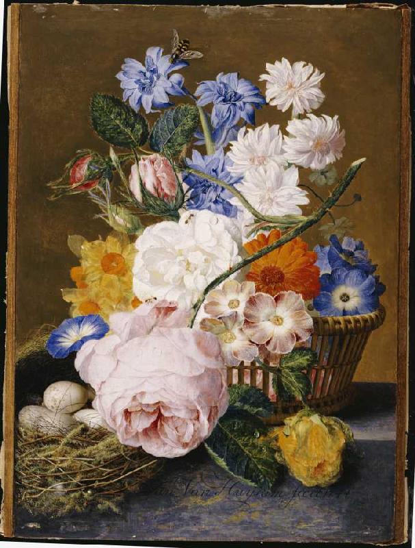 Rosen, Winden, Osterglocken, Astern und andere Blumen neben einem Vogelnest od Jan van Huysum