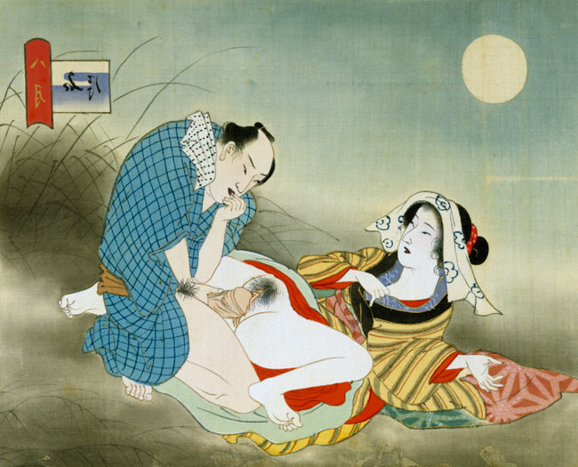 Couple Making Love in the Moonlight (w/c on silk) od Japanese School