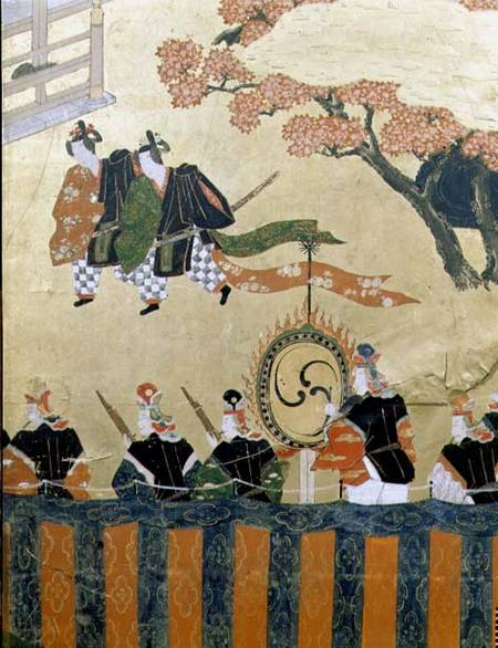 Detail from a four leaf screen depicting two courtiers wearing kazaritachi and soldiers, Tosa School od Japanese School